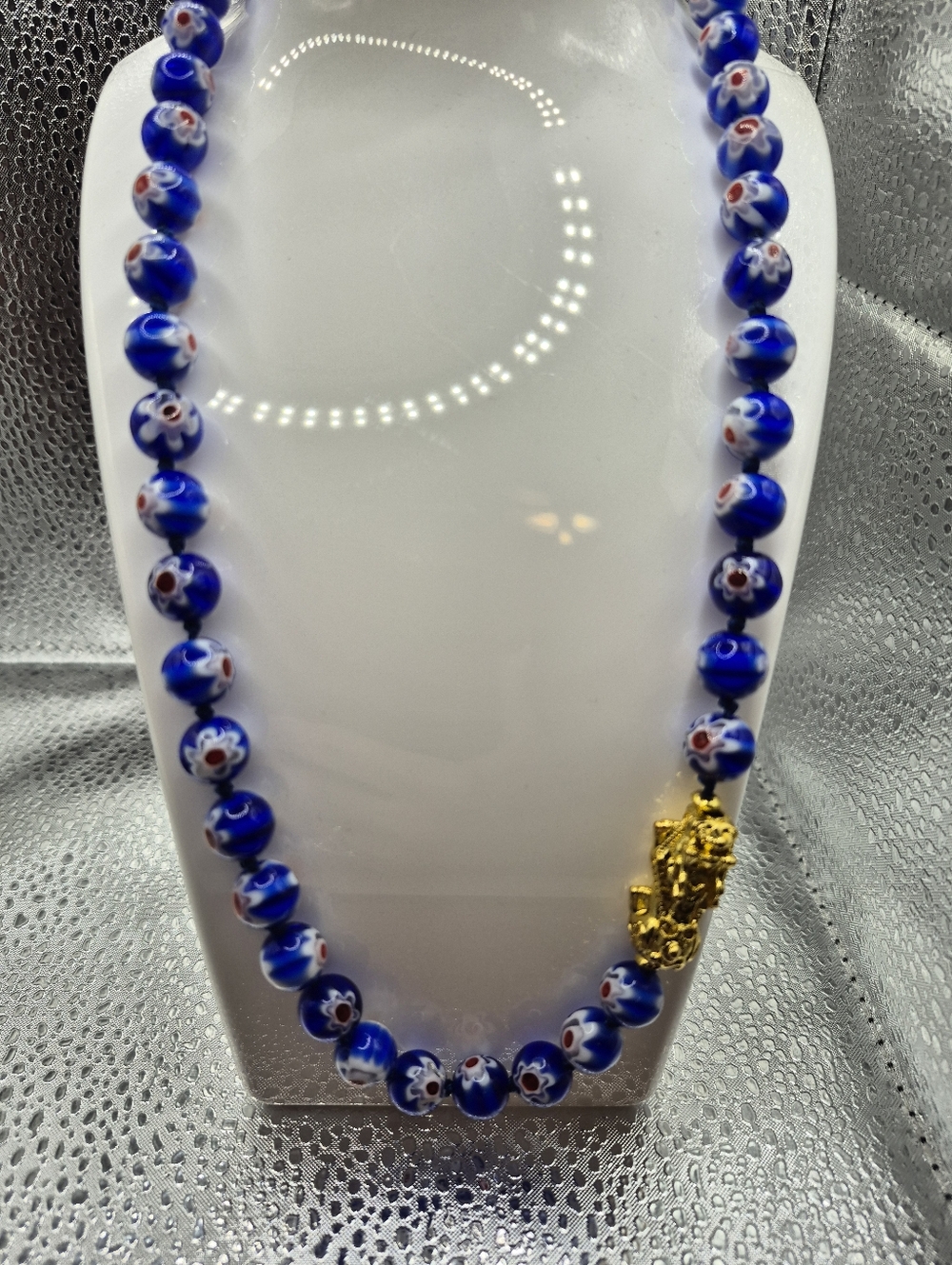 Blue Millefiori Glass Bead Necklace with Gold Accent